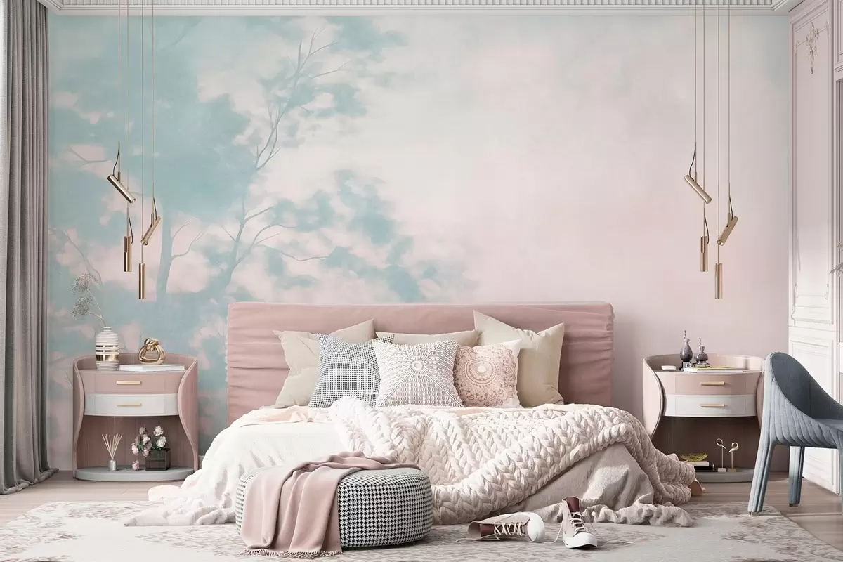 wall murals Textured tree with branches, pale pink and turquoise background, minimalist art w10108v1