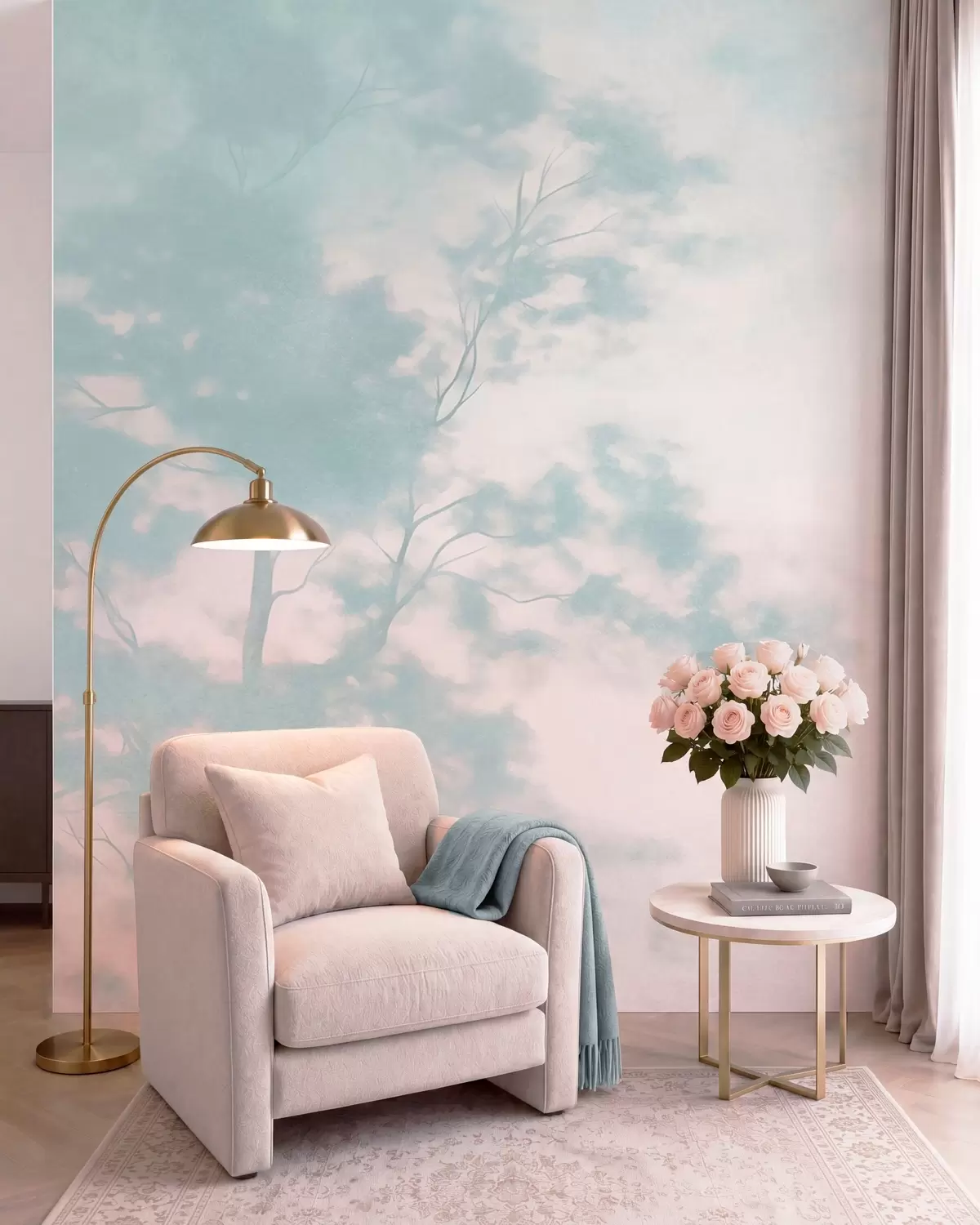 wall murals Textured tree with branches, pale pink and turquoise background, minimalist art w10108v1