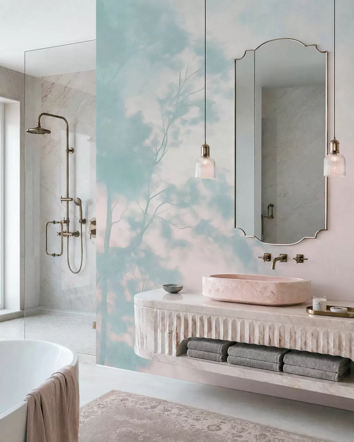 wall murals Textured tree with branches, pale pink and turquoise background, minimalist art w10108v1