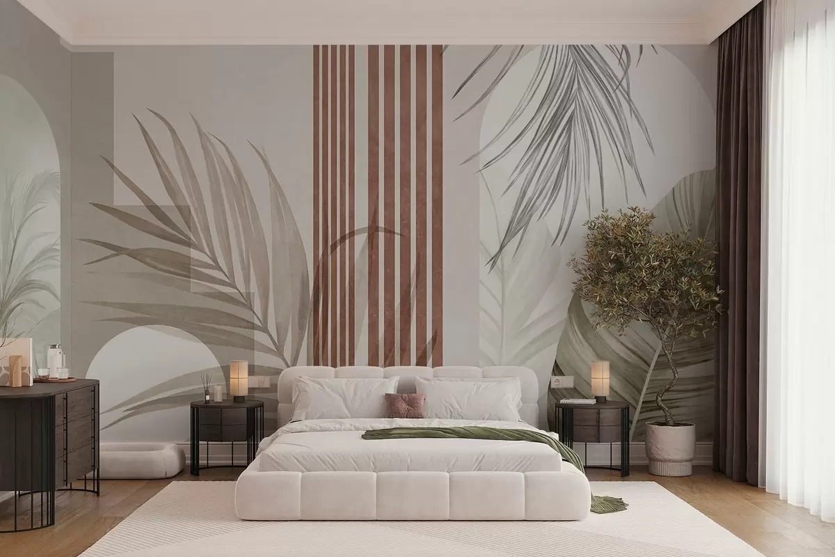 wall murals Abstract composition with palm leaves, geometric arches, and vertical stripes w10110