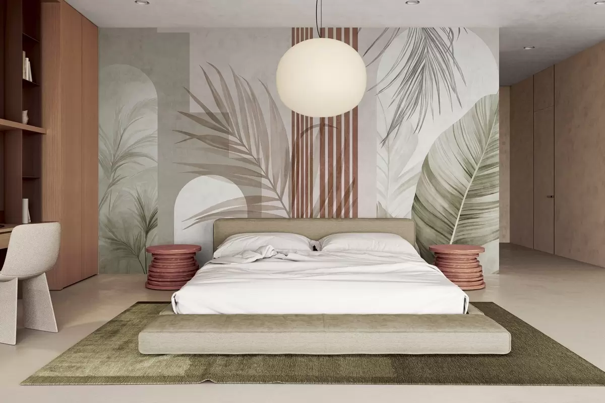 wall murals Abstract composition with palm leaves, geometric arches, and vertical stripes w10110