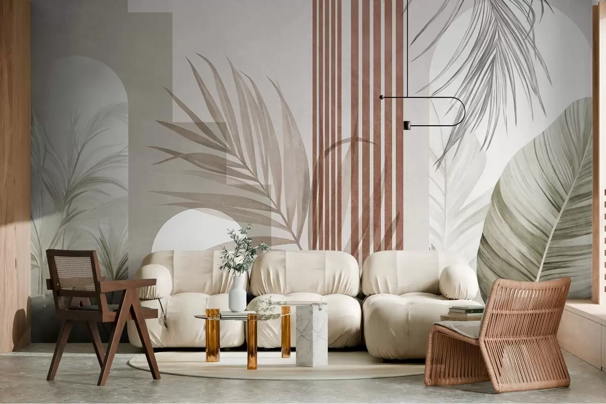wall murals Abstract composition with palm leaves, geometric arches, and vertical stripes w10110