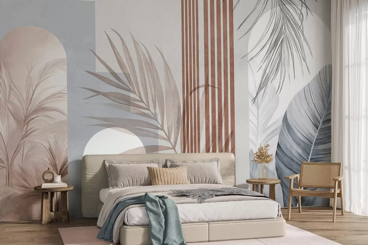 wall murals Abstract composition with palm leaves, geometric arches, and vertical stripes w10110v1