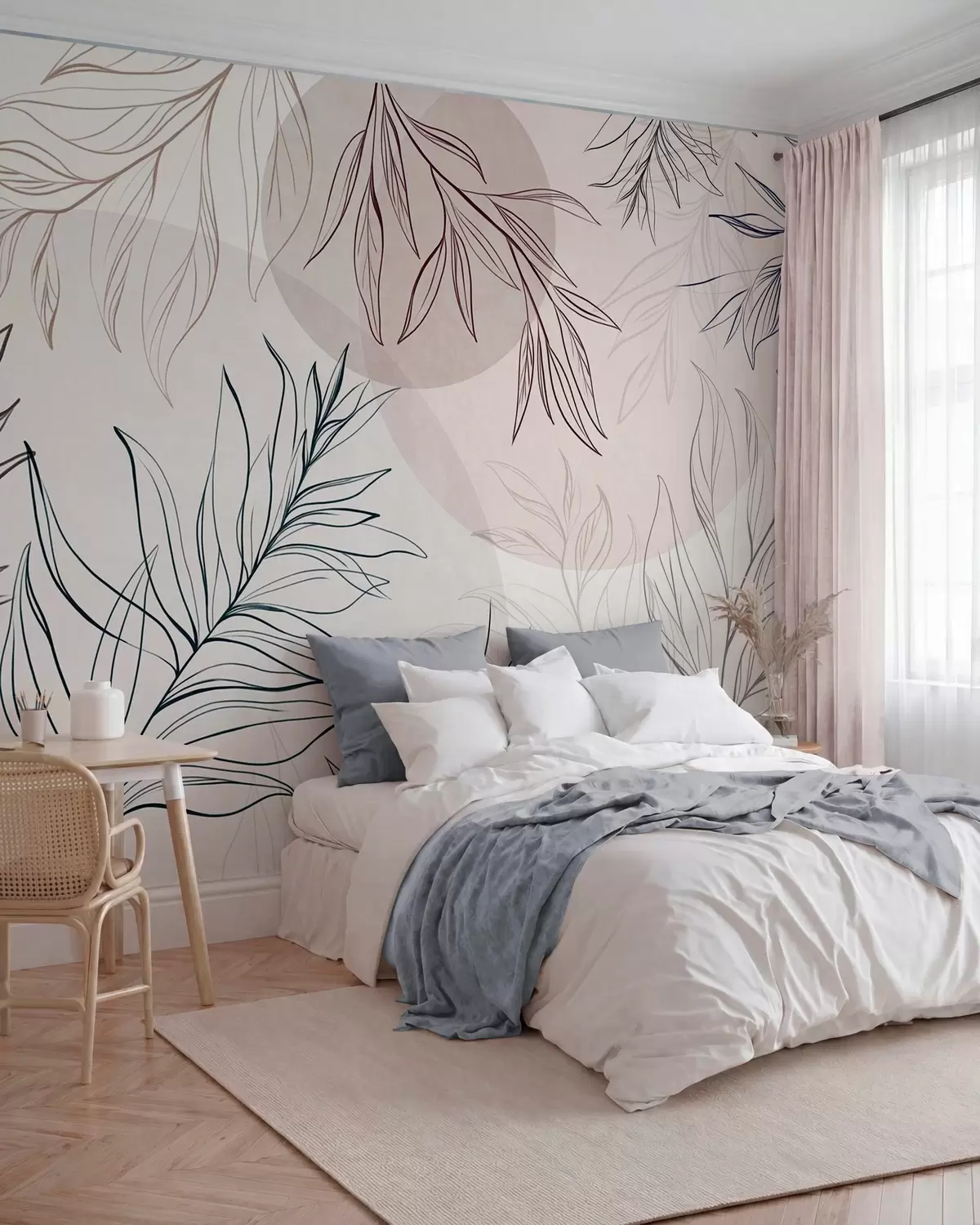 wall murals Minimalist line art of tropical leaves and foliage, pastel circular shapes w10111