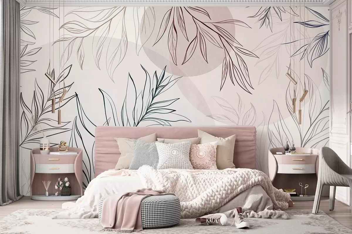 wall murals Minimalist line art of tropical leaves and foliage, pastel circular shapes w10111