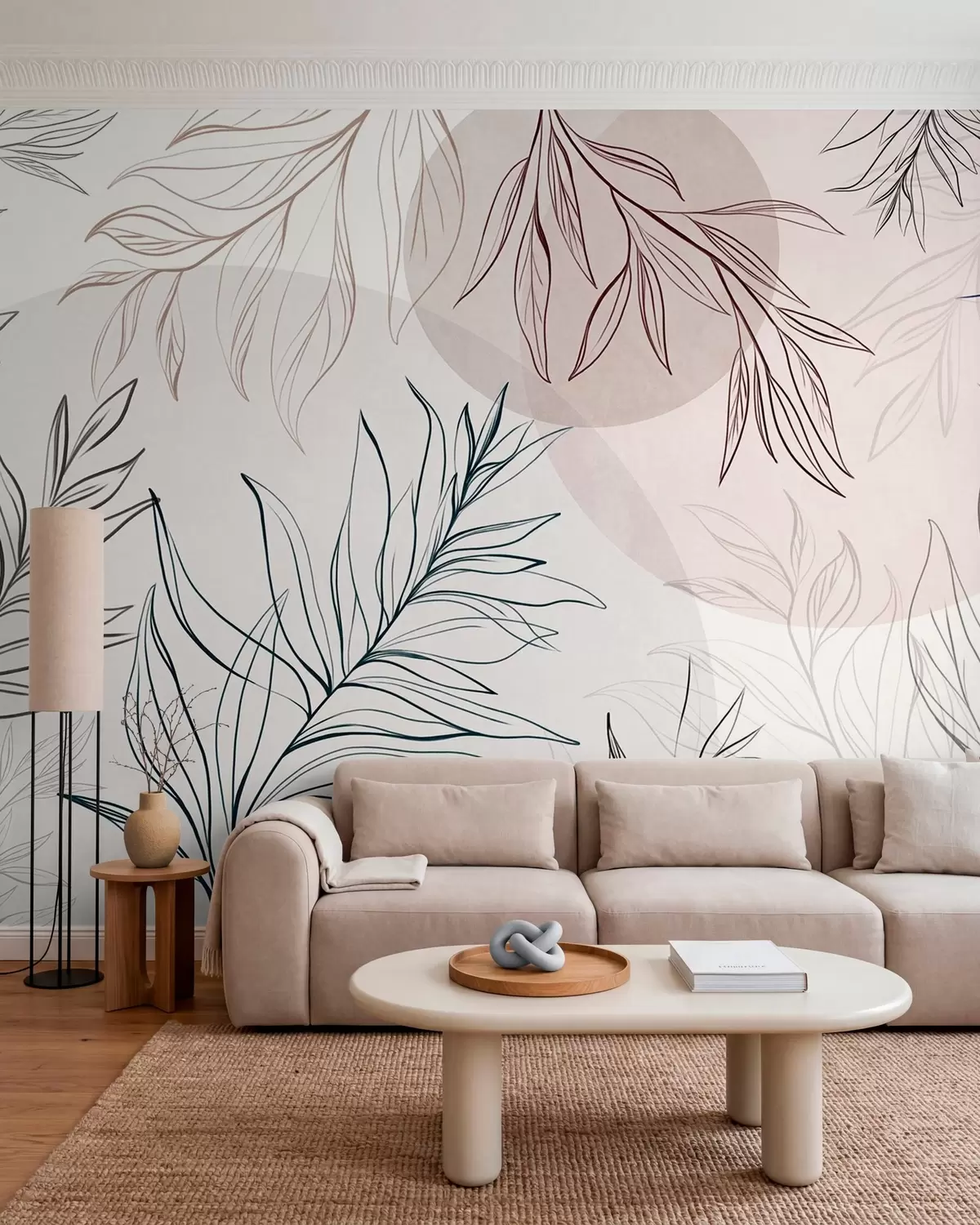 wall murals Minimalist line art of tropical leaves and foliage, pastel circular shapes w10111