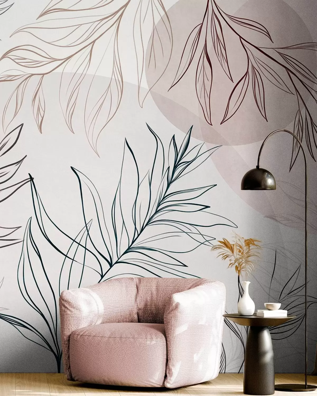 wall murals Minimalist line art of tropical leaves and foliage, pastel circular shapes w10111