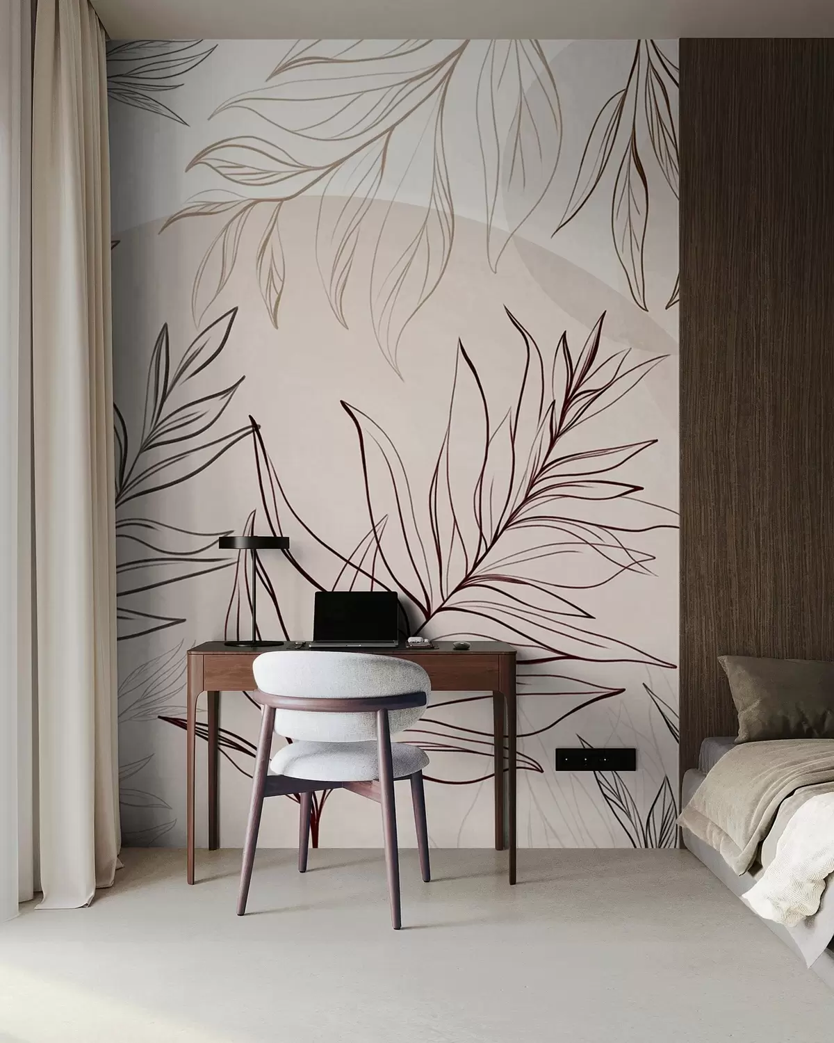 wall murals Minimalist line art of tropical leaves and foliage, pastel circular shapes w10111v1