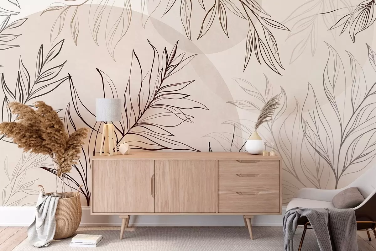 wall murals Minimalist line art of tropical leaves and foliage, pastel circular shapes w10111v1