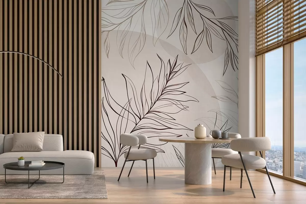 wall murals Minimalist line art of tropical leaves and foliage, pastel circular shapes w10111v1