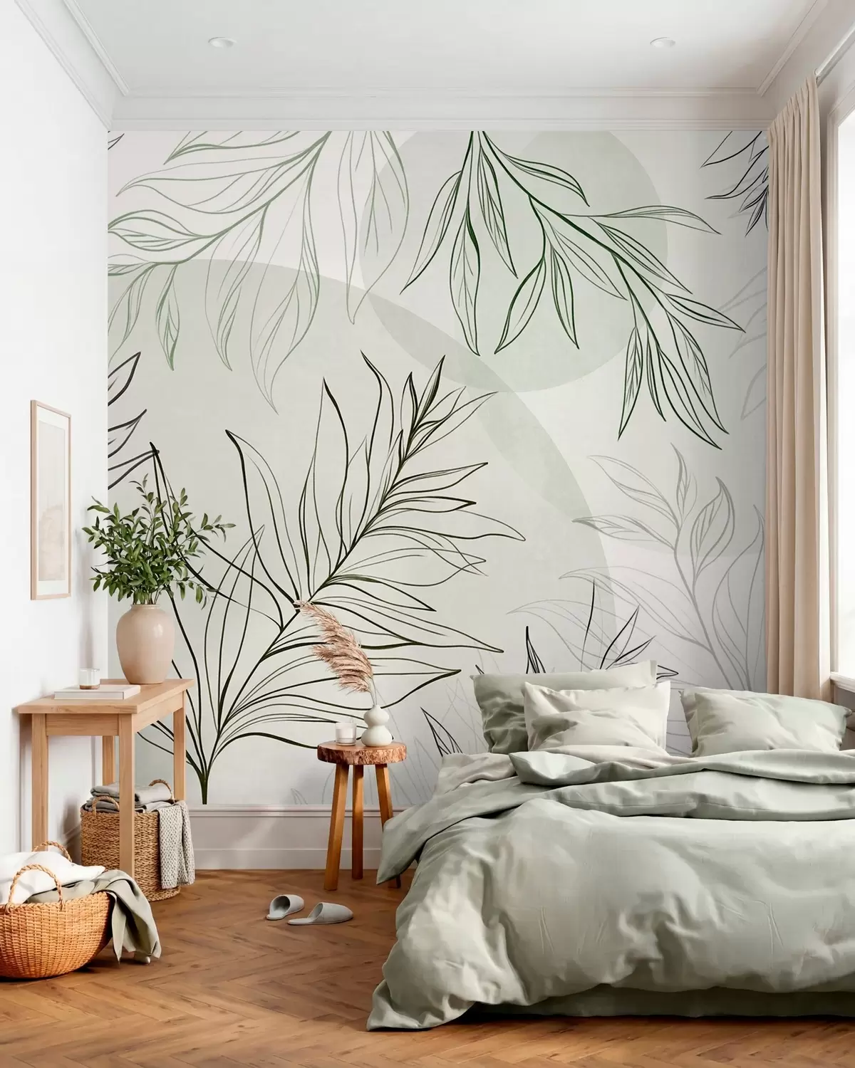 wall murals Minimalist line art of tropical leaves and foliage, pastel circular shapes w10111v2