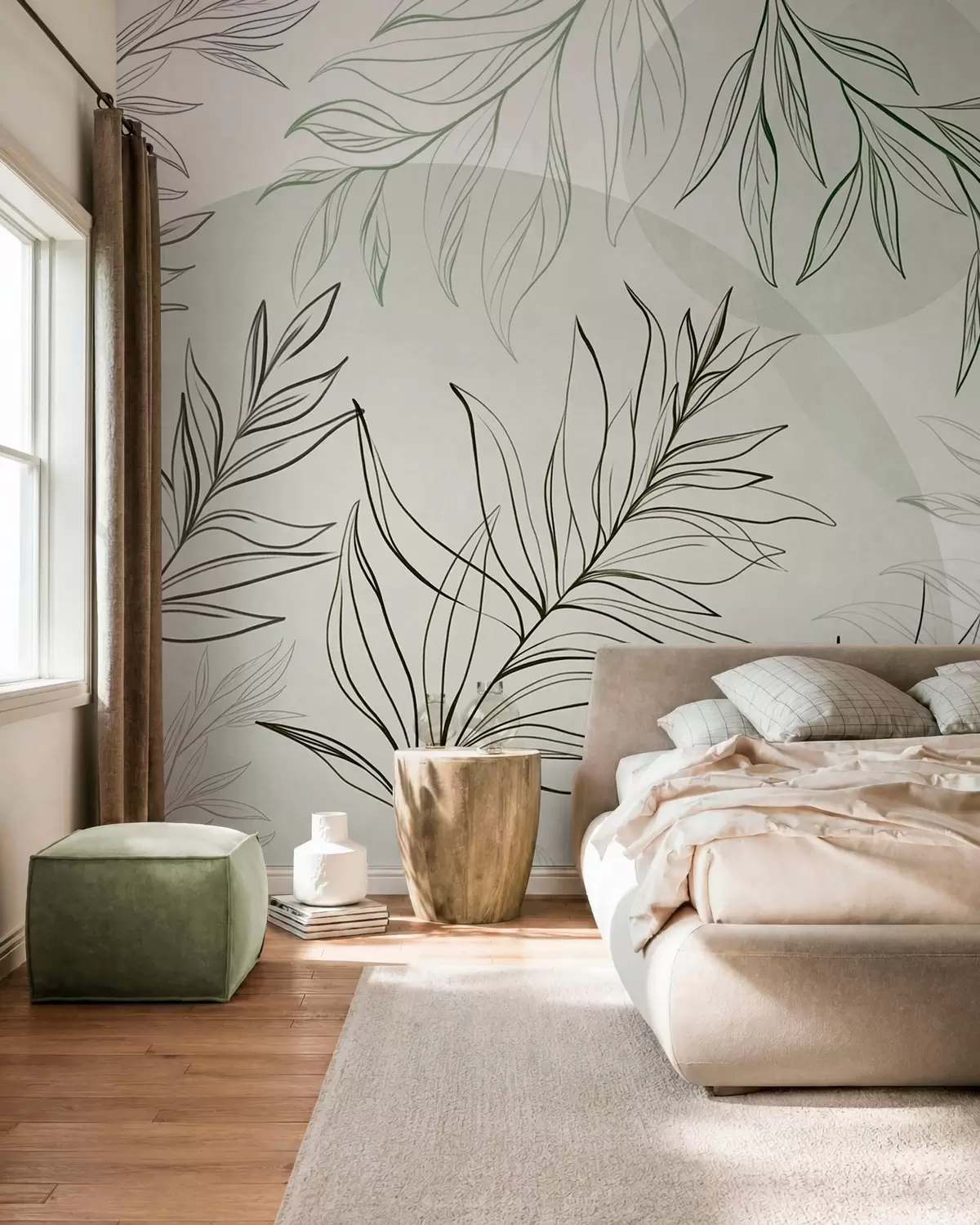 wall murals Minimalist line art of tropical leaves and foliage, pastel circular shapes w10111v2