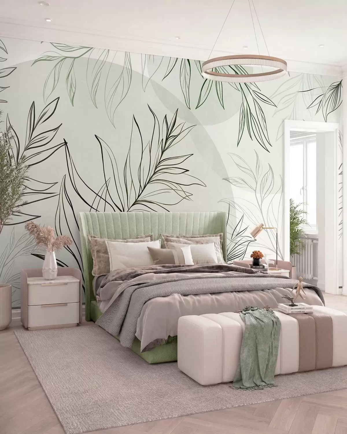 wall murals Minimalist line art of tropical leaves and foliage, pastel circular shapes w10111v2