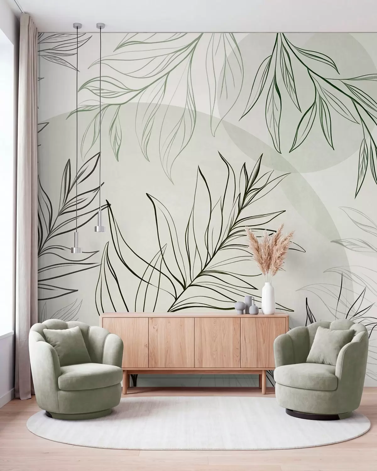 wall murals Minimalist line art of tropical leaves and foliage, pastel circular shapes w10111v2
