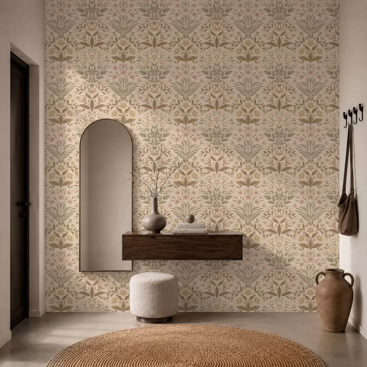 Wallpaper Peach flowers and olive green leaves on a beige background a01279v1