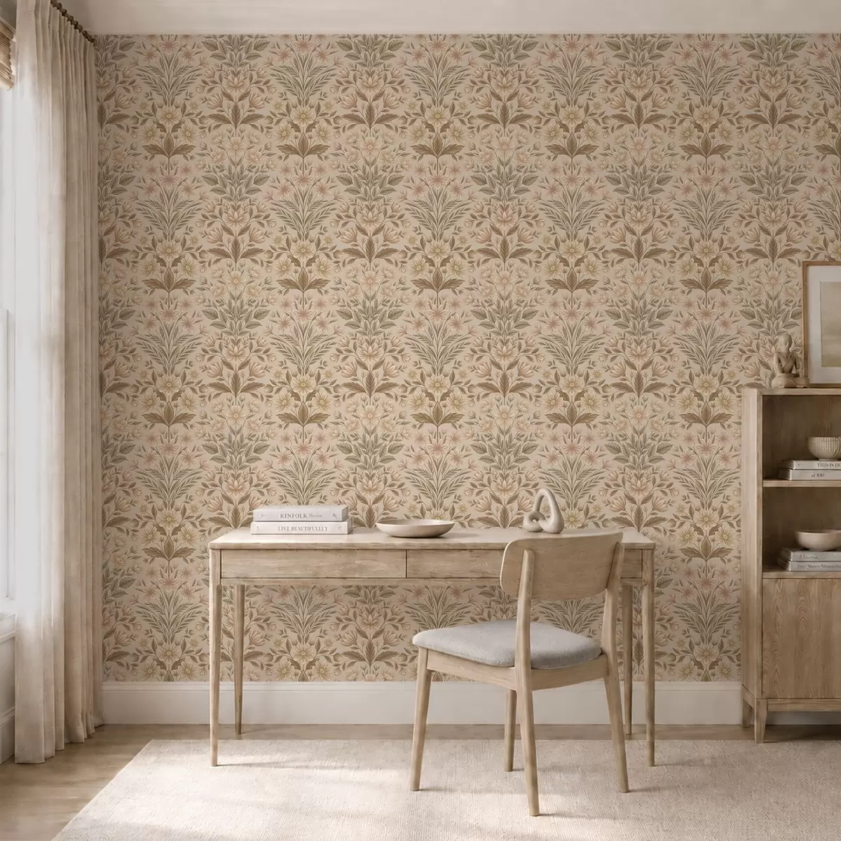 Wallpaper Peach flowers and olive green leaves on a beige background a01279v1