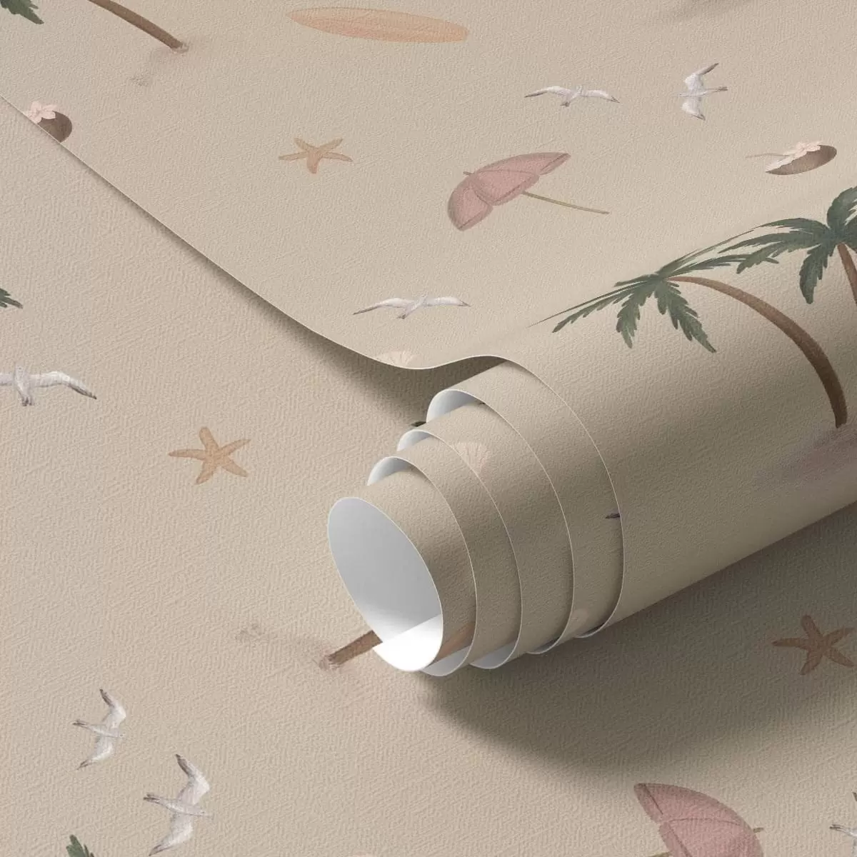 Wallpaper Tropical palms, birds and pink umbrellas on a beige background a01280v2