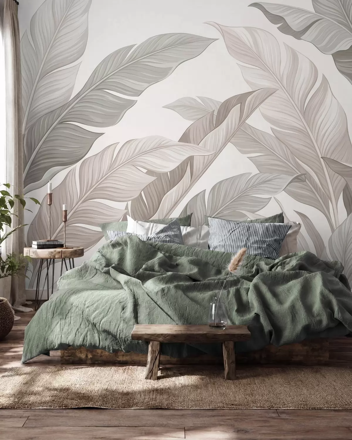 wall murals Delicate botanical leaves in natural beige and sage green tones w10089