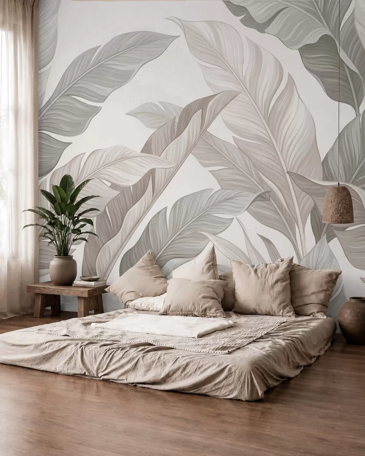 wall murals Delicate botanical leaves in natural beige and sage green tones w10089