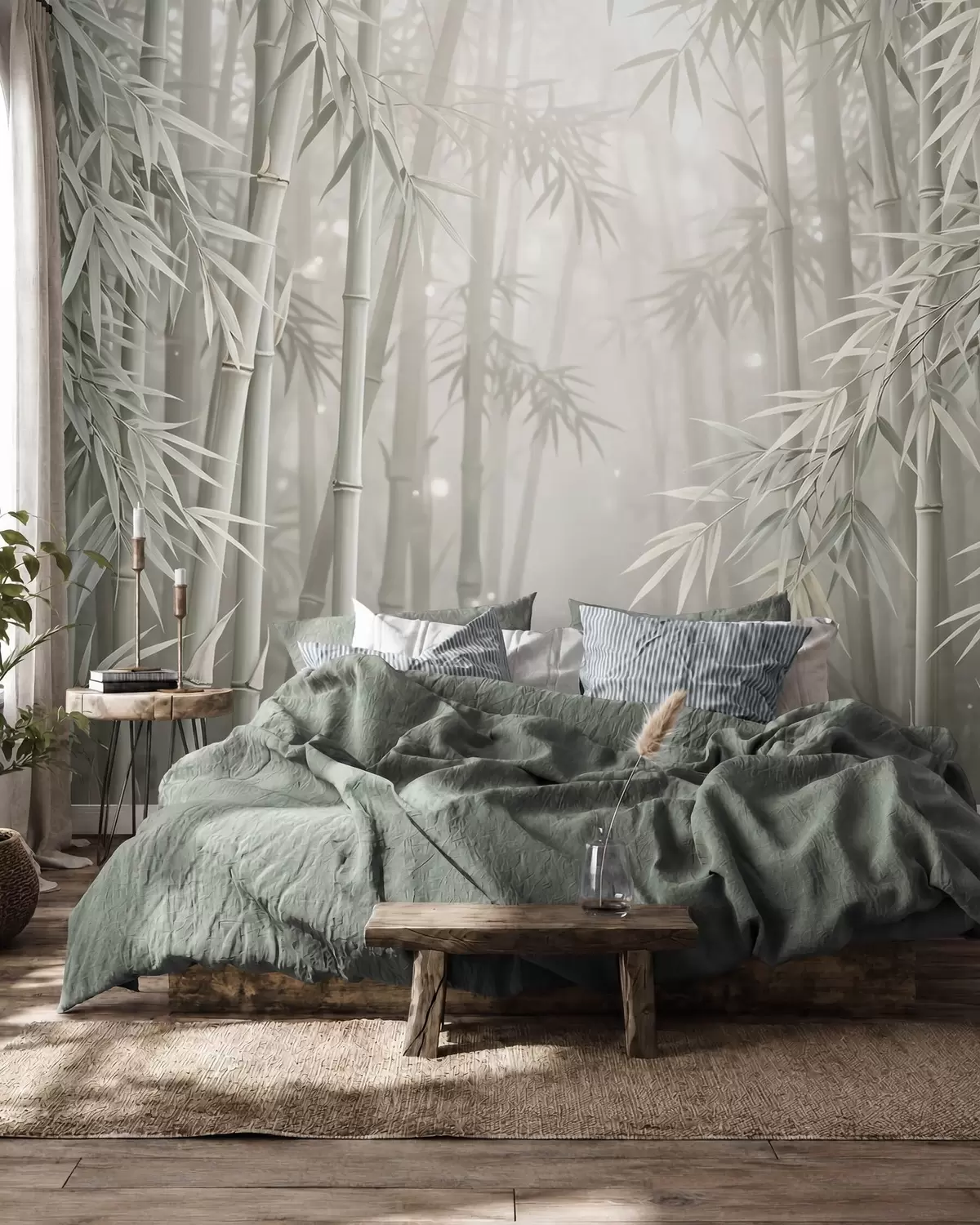 wall murals Mystical bamboo forest in soft mist with muted olive and milky white tones w10090