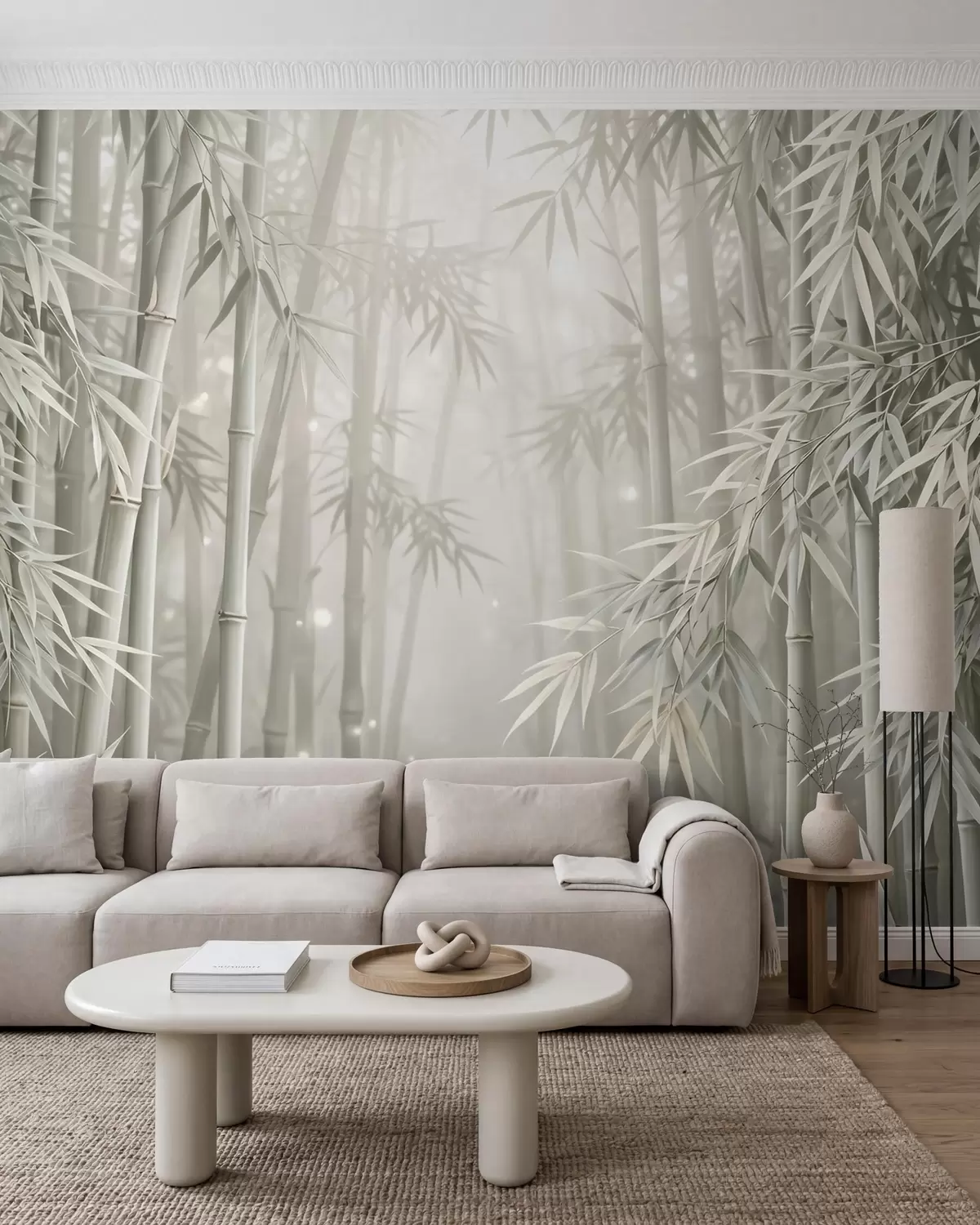 wall murals Mystical bamboo forest in soft mist with muted olive and milky white tones w10090