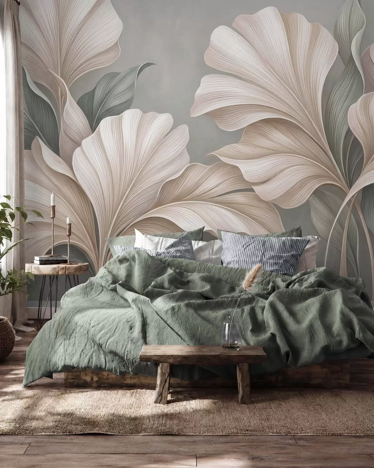 wall murals Delicate botanical leaves in natural beige and sage green tones w10094