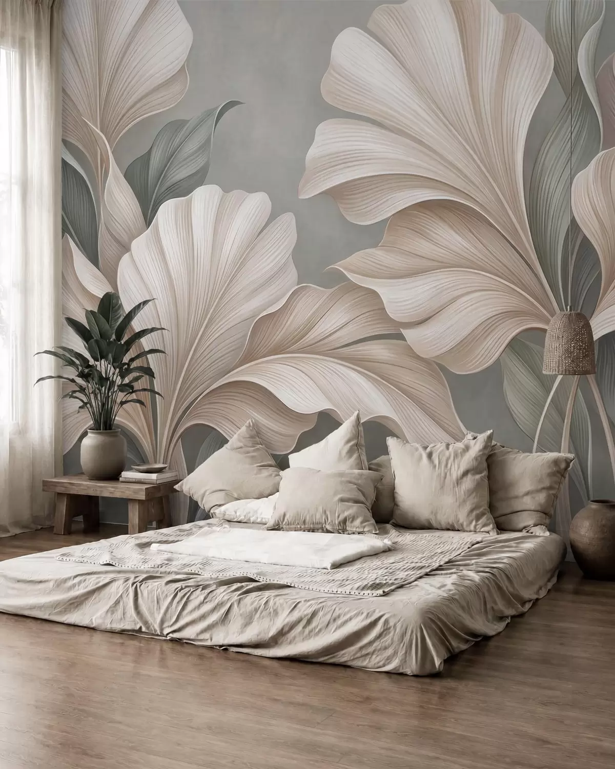 wall murals Delicate botanical leaves in natural beige and sage green tones w10094