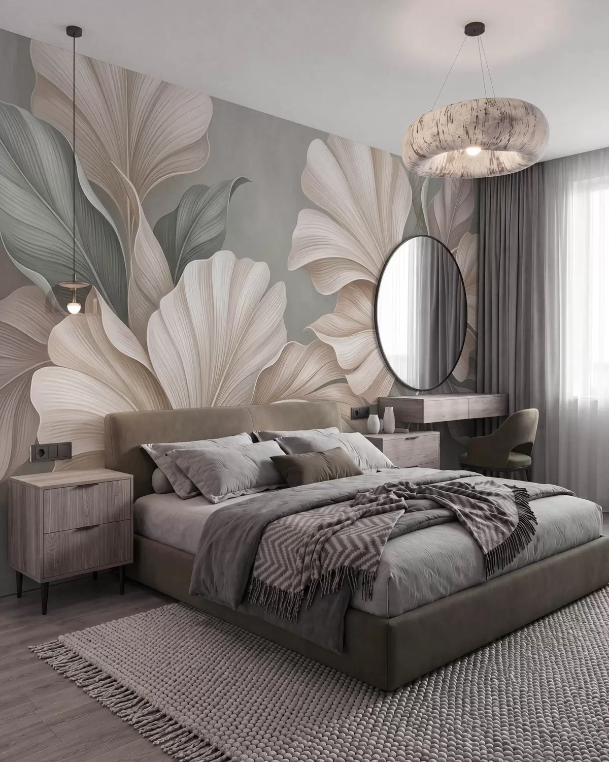 wall murals Delicate botanical leaves in natural beige and sage green tones w10094