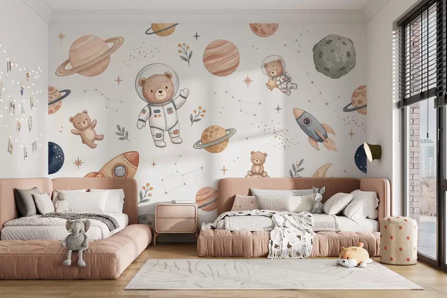 wall murals Cute teddy bear astronauts among planets, rockets and stars in a soft pastel watercolor style w10096