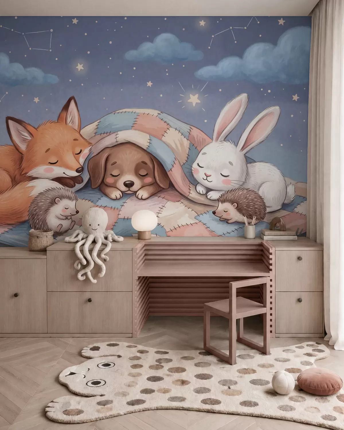 wall murals Whimsical woodland animals sleeping under a starry sky on a cozy patchwork blanket in a charming watercolor illustration w10098