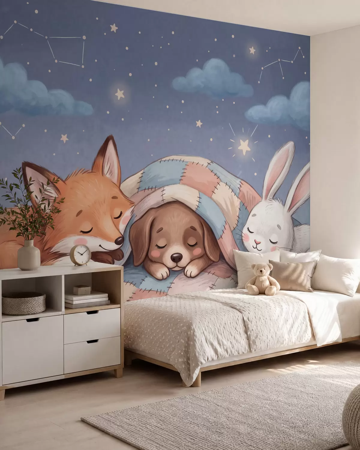 wall murals Whimsical woodland animals sleeping under a starry sky on a cozy patchwork blanket in a charming watercolor illustration w10098