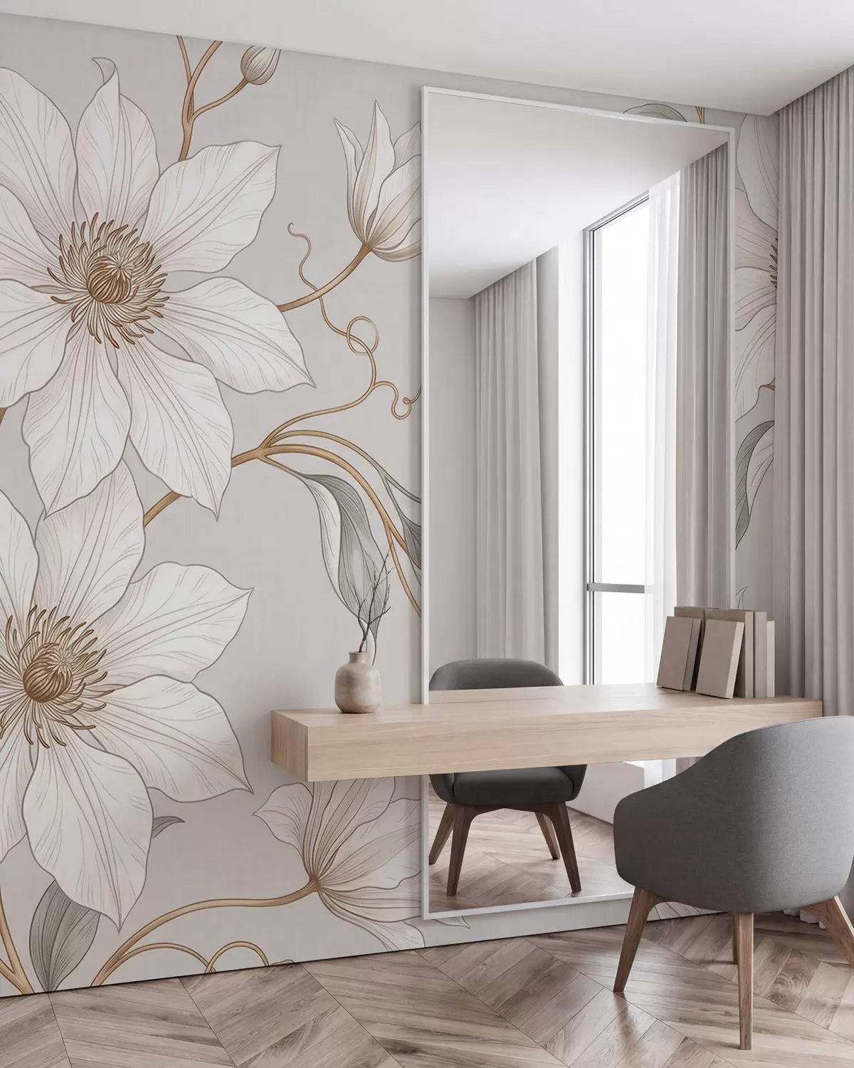 wall murals Elegant white botanical flowers with delicate branches w10099