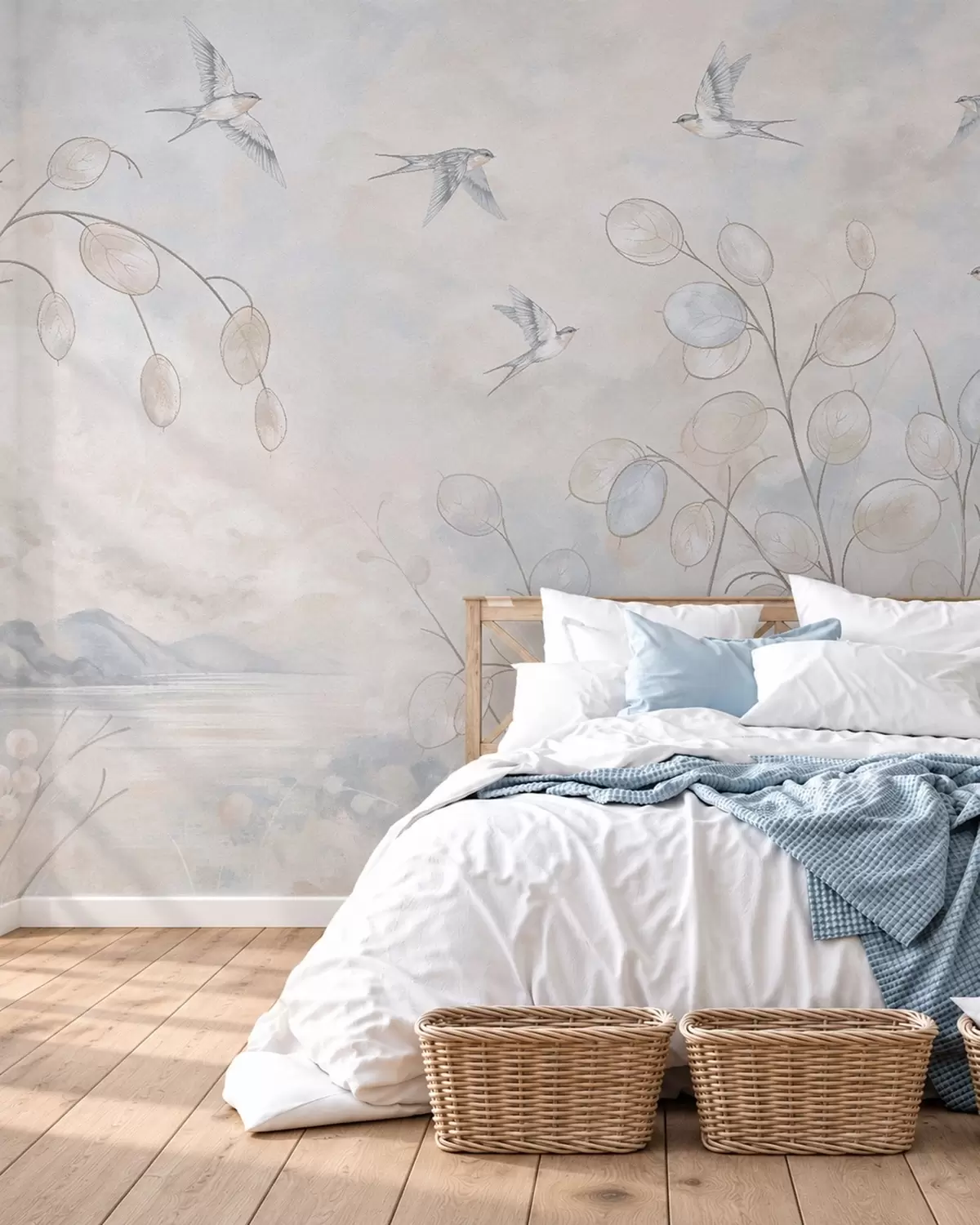 wall murals Swallows among delicate plants against a lake and mountains w05892