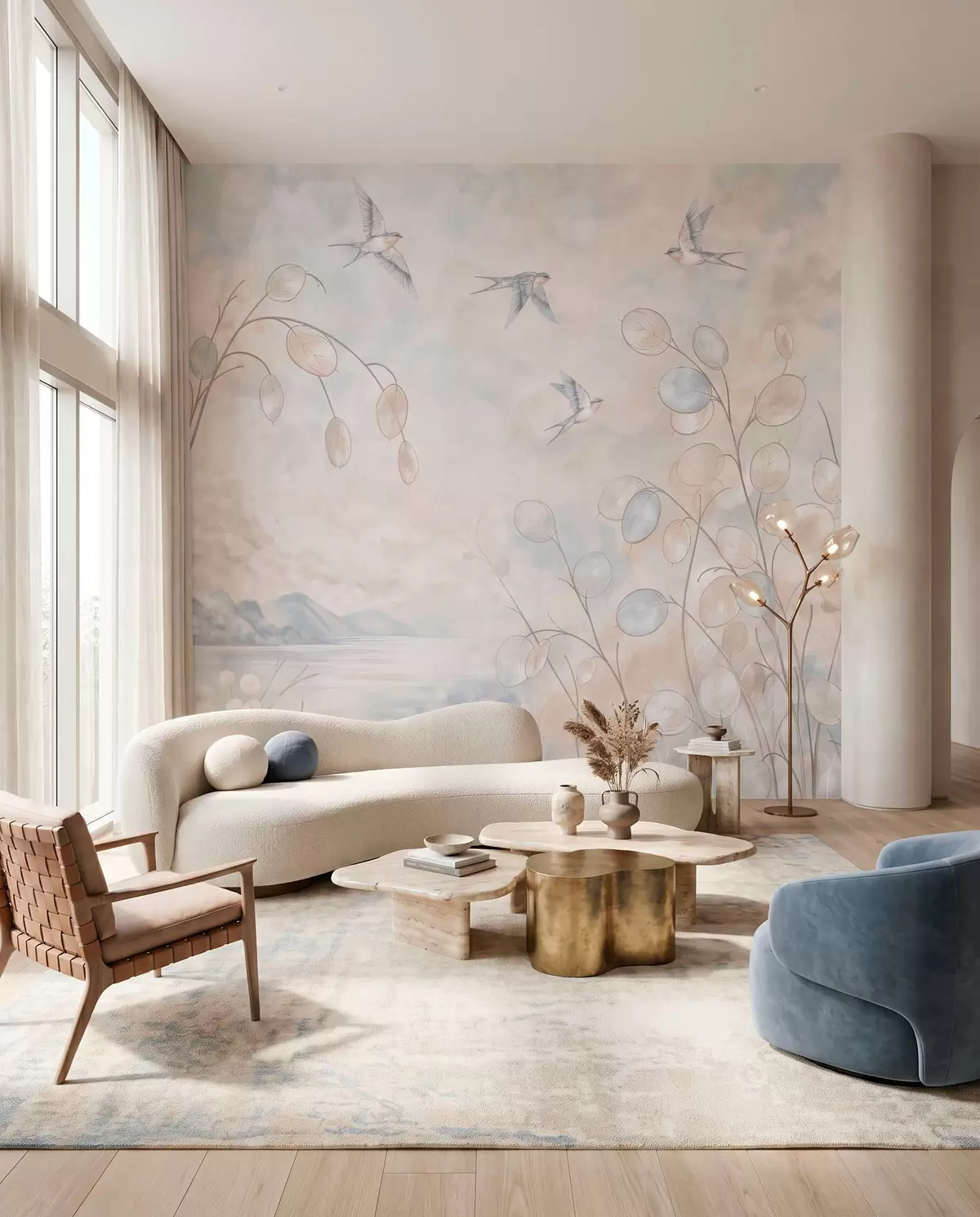 wall murals Swallows among delicate plants against a lake and mountains w05892