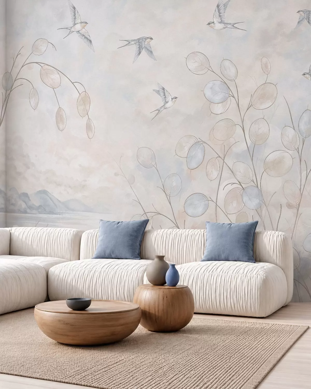 wall murals Swallows among delicate plants against a lake and mountains w05892