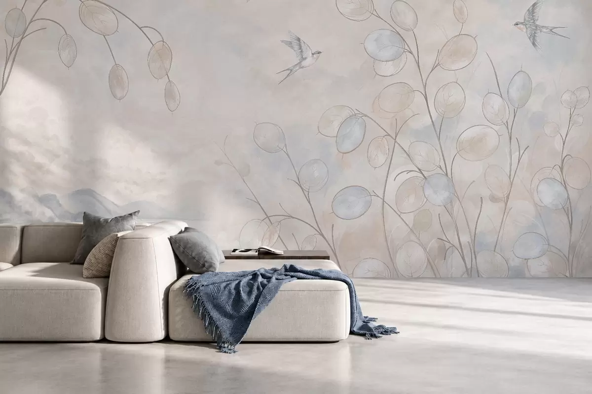 wall murals Swallows among delicate plants against a lake and mountains w05892