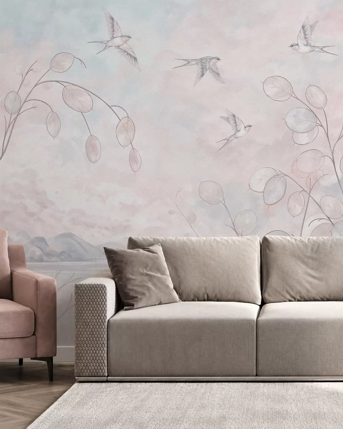 wall murals Swallows and delicate plants in pastel shades w05892v1
