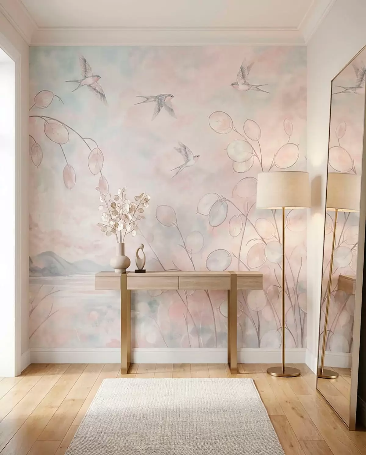 wall murals Swallows and delicate plants in pastel shades w05892v1