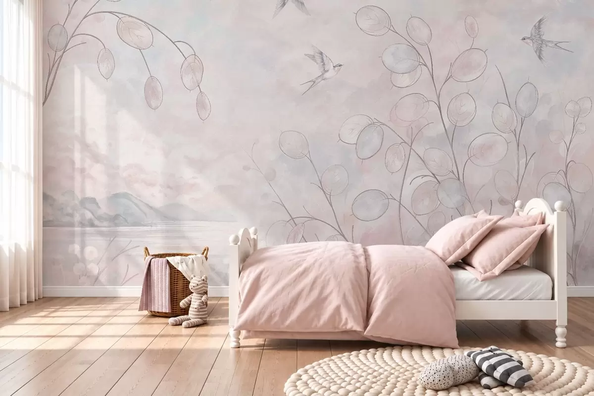 wall murals Swallows and delicate plants in pastel shades w05892v1