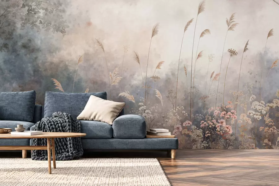 wall murals Wildflowers and tall grasses in a misty landscape w05959