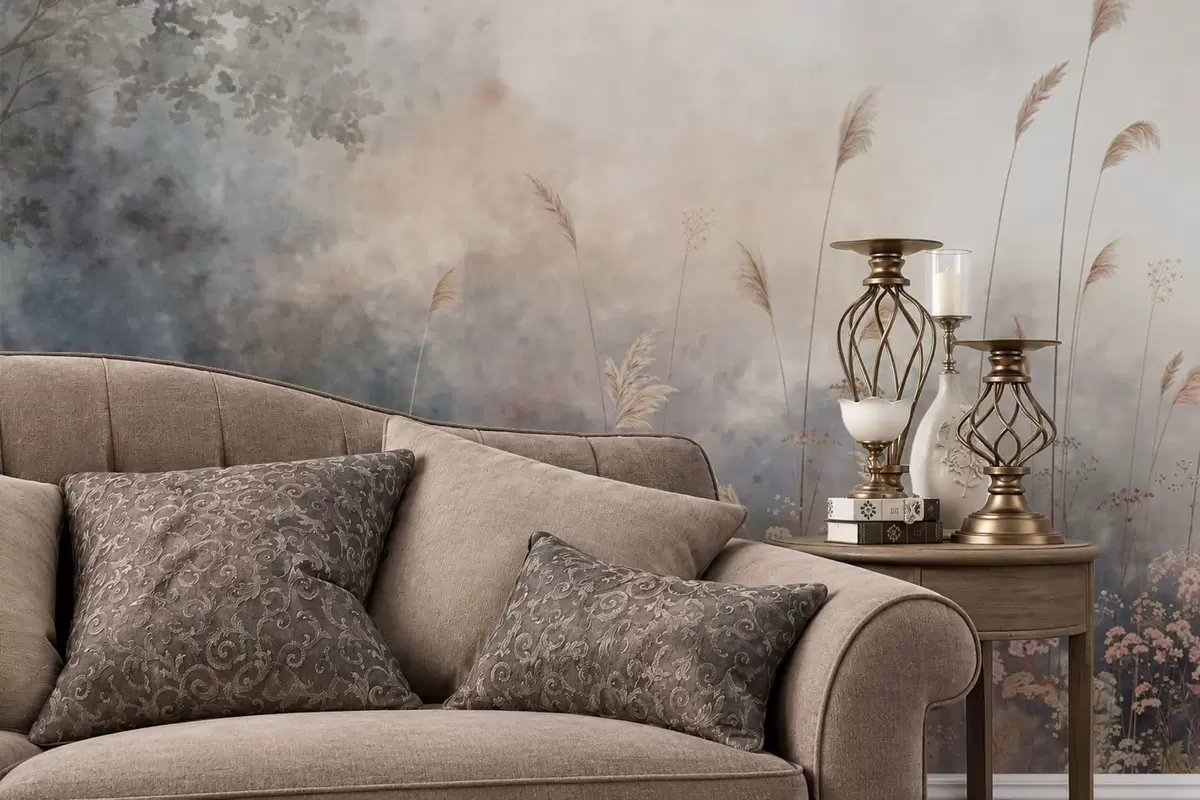 wall murals Wildflowers and tall grasses in a misty landscape w05959