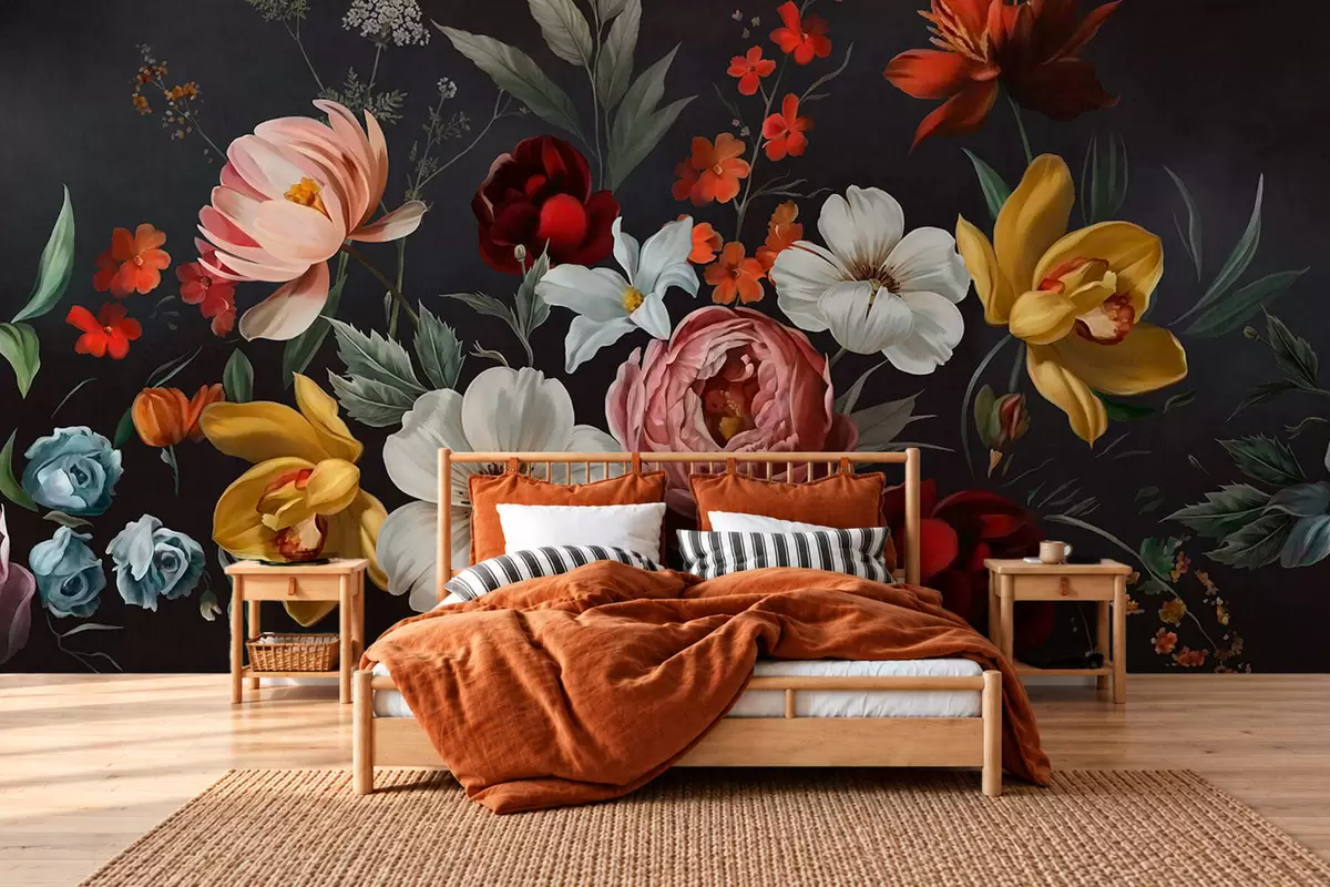 wall murals Lush arrangement of colorful flowers on a dark background w05960