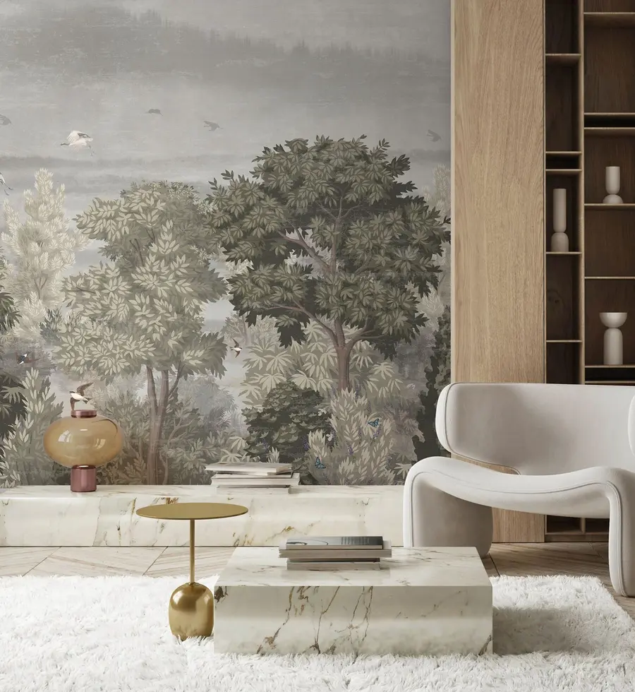 wall murals Cranes fly over the forest u73553
