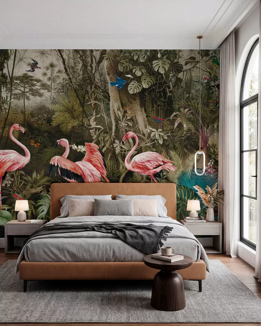 wall murals Tropical birds and flamingos in the jungle u73568