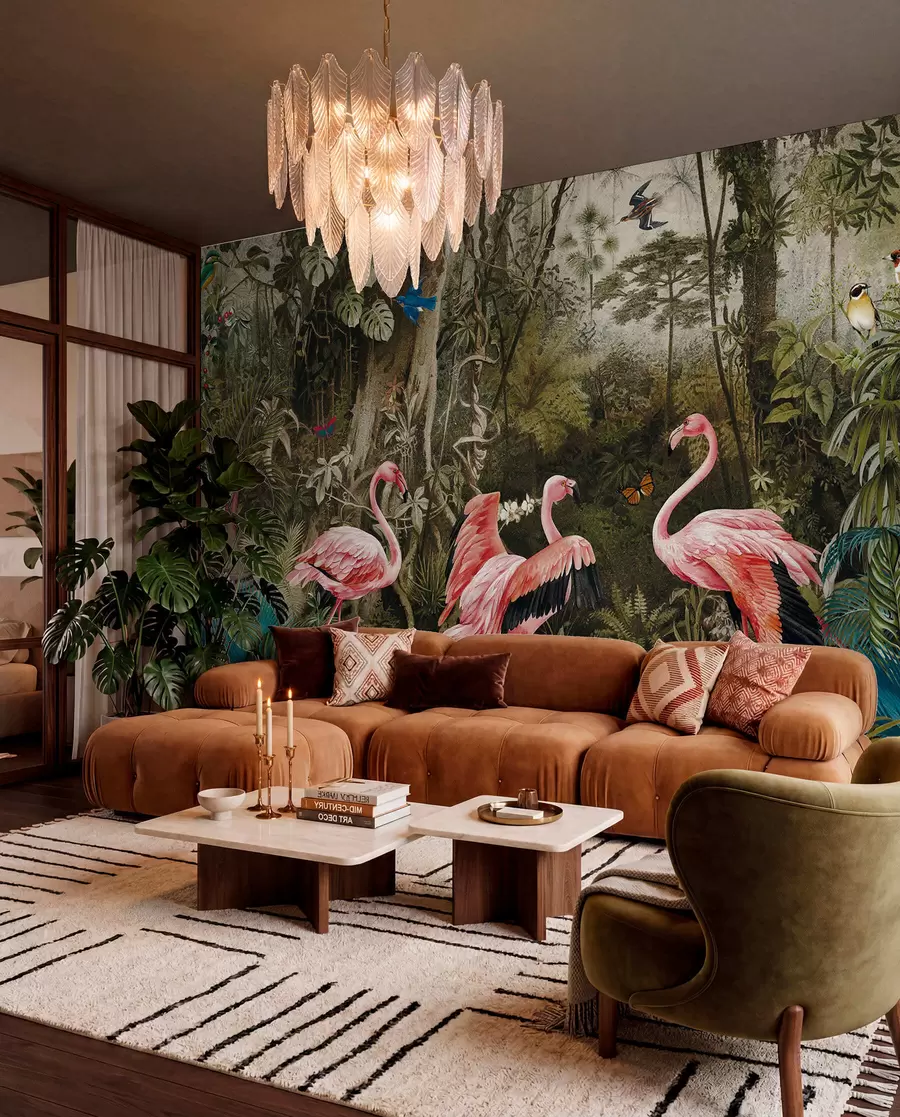 wall murals Tropical birds and flamingos in the jungle u73568