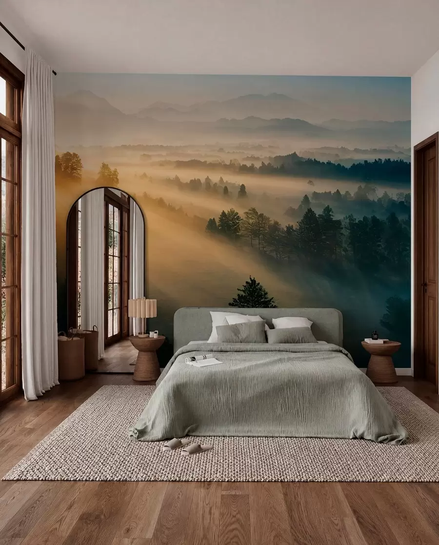 wall murals Rays of the sun and foggy forest u73864