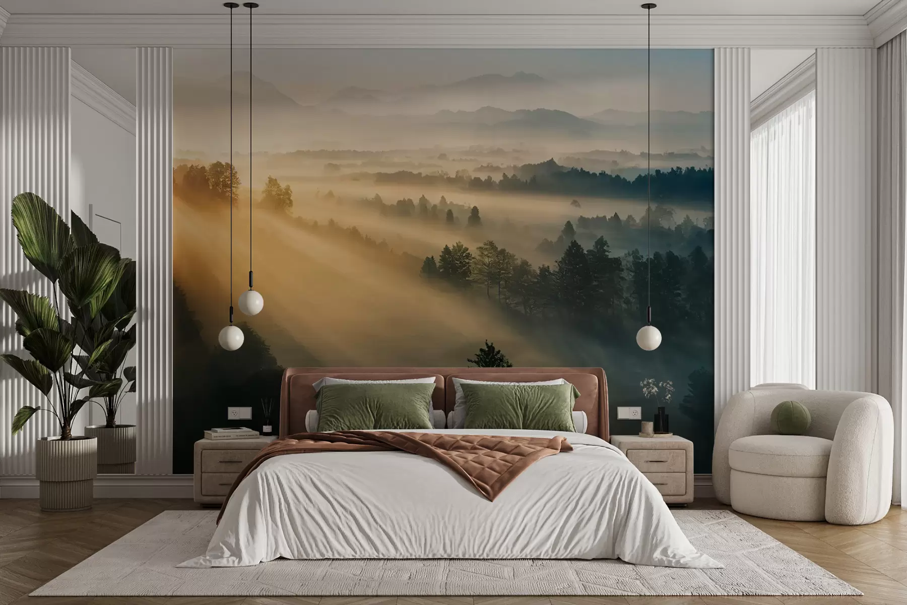 wall murals Rays of the sun and foggy forest u73864