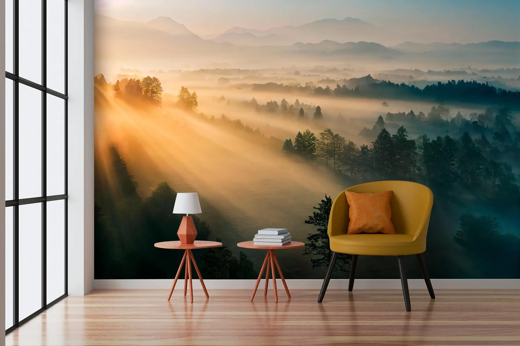 wall murals Rays of the sun and foggy forest u73864