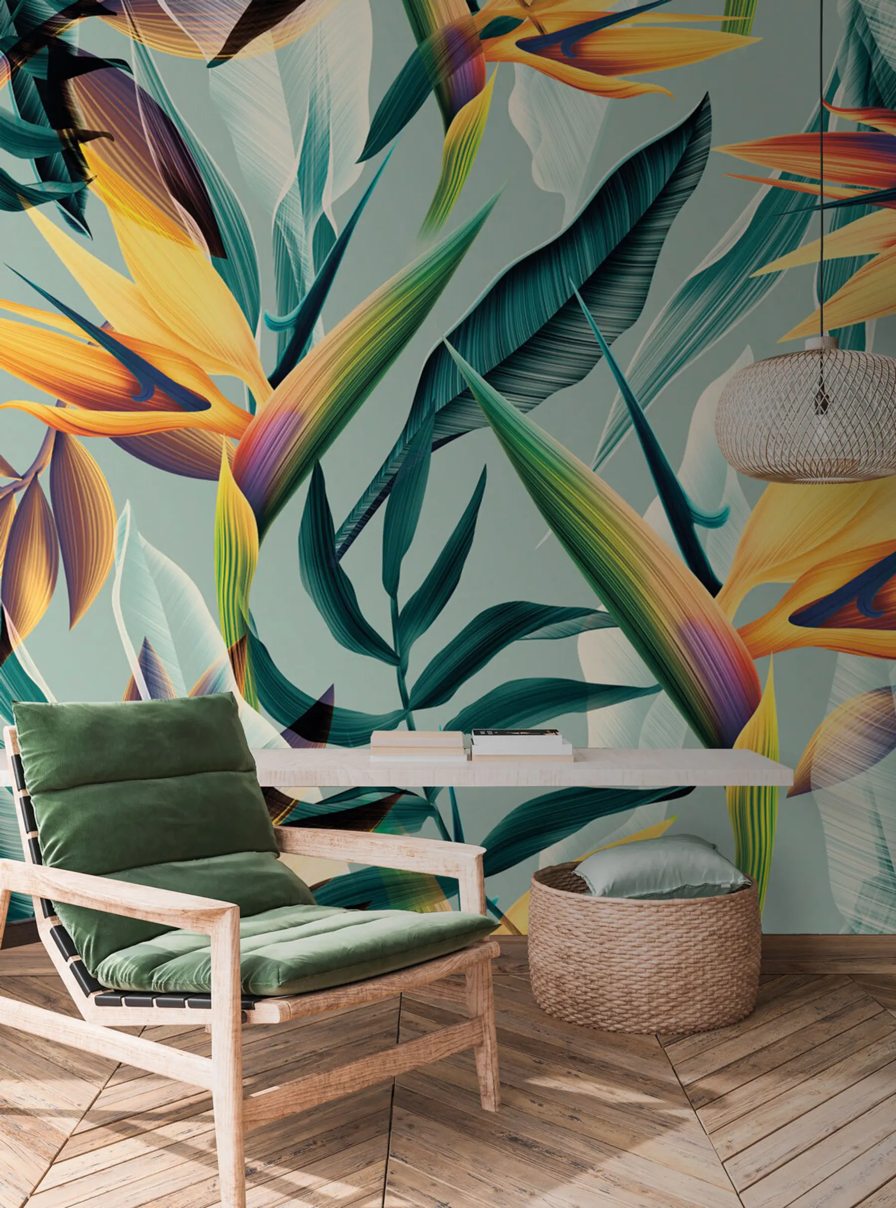 wall murals Trendy tropical plants and leaves in bright color u73960