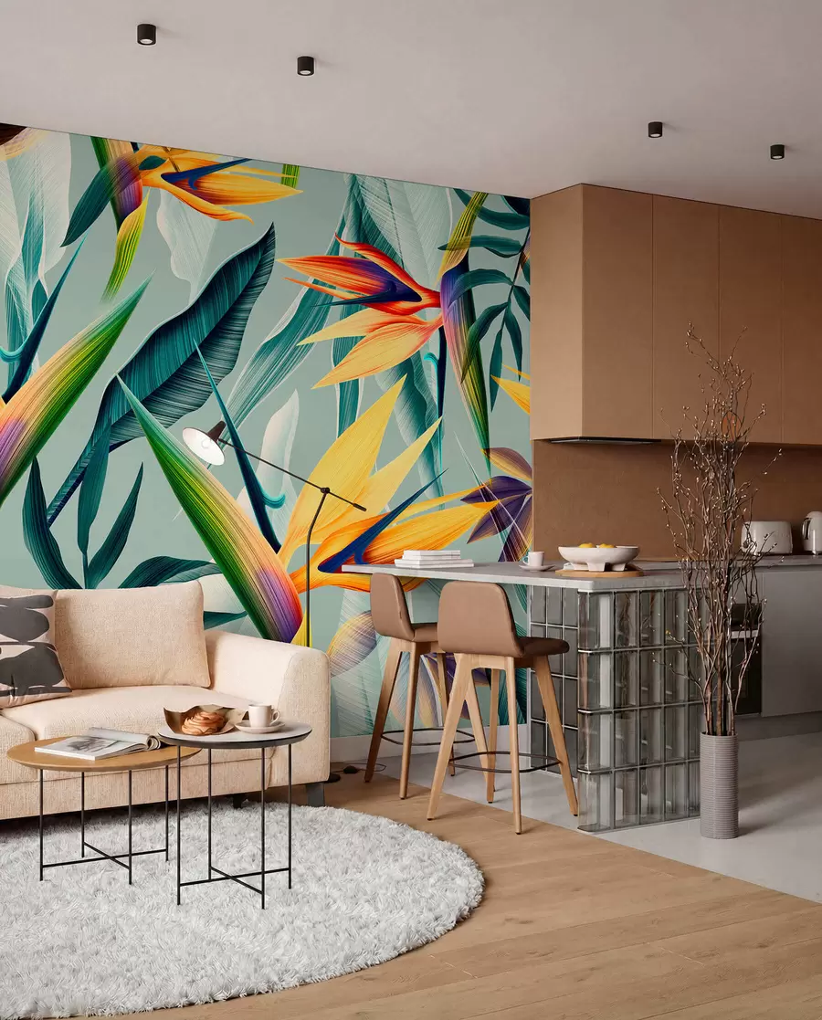 wall murals Trendy tropical plants and leaves in bright color u73960
